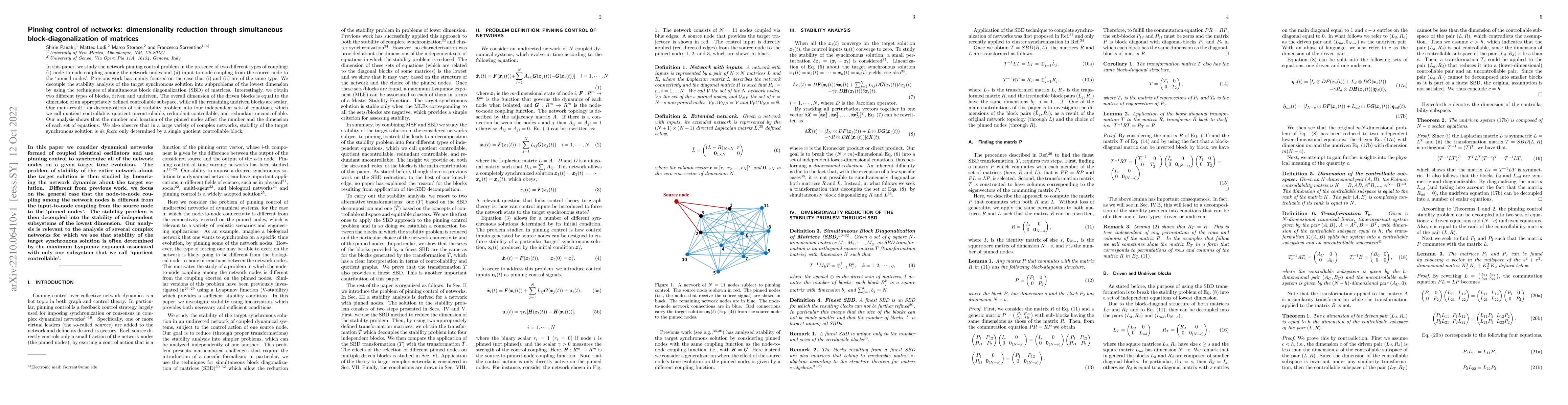 Thumbnail for Pinning control of networks: dimensionality reduction through
  simultaneous block-diagonalization of matrices