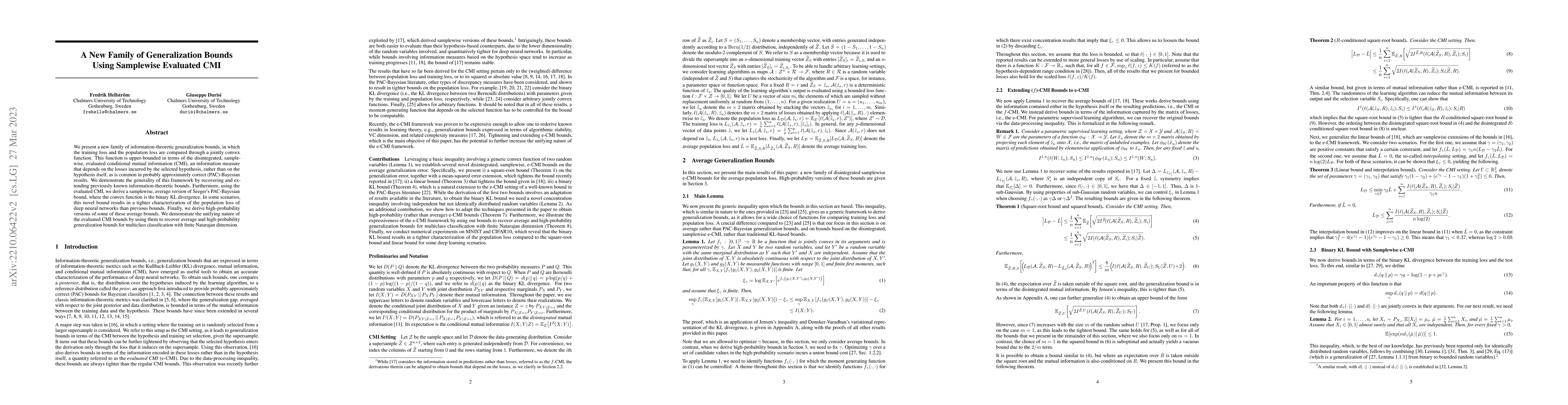Thumbnail for A New Family of Generalization Bounds Using Samplewise Evaluated CMI