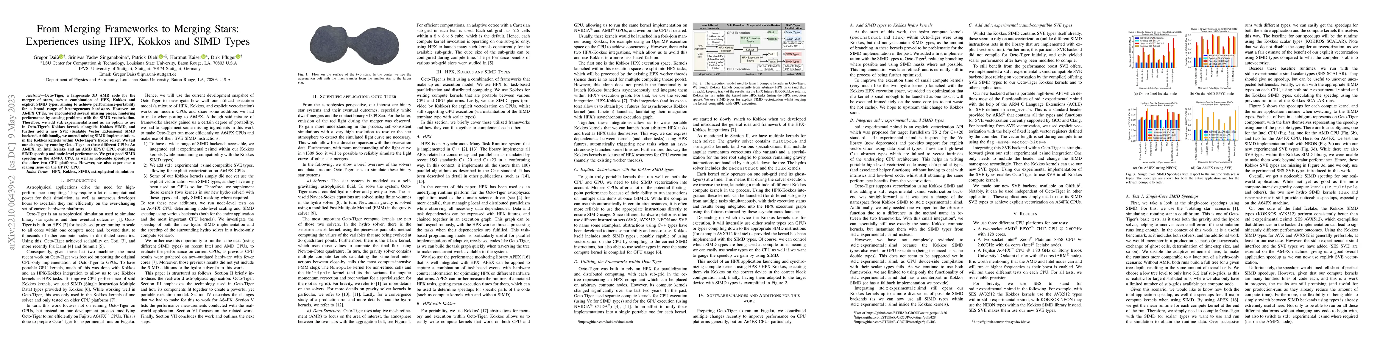 Thumbnail for From Merging Frameworks to Merging Stars: Experiences using HPX, Kokkos
  and SIMD Types