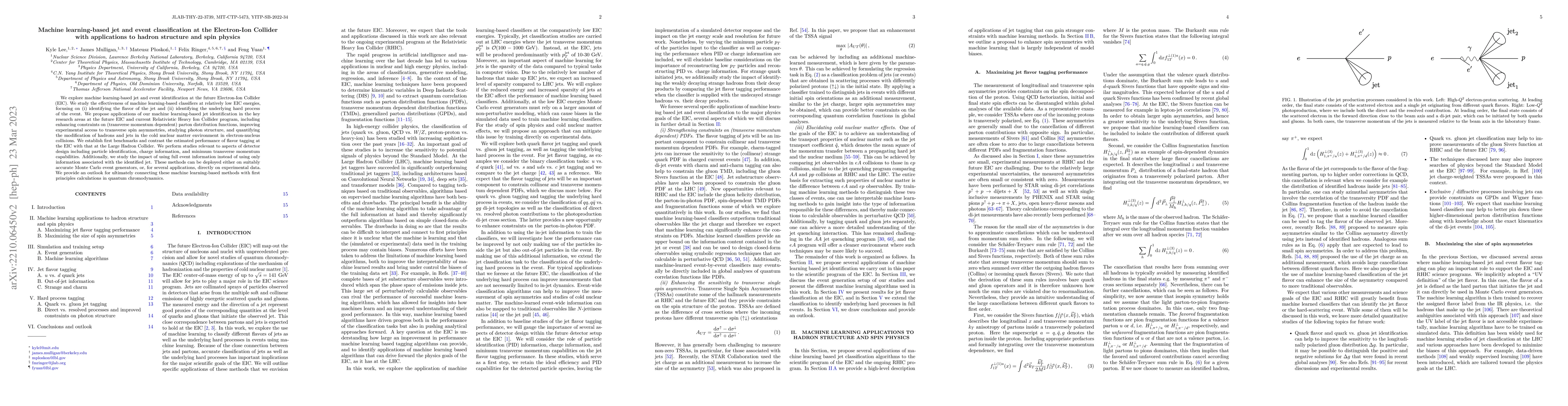 Thumbnail for Machine learning-based jet and event classification at the Electron-Ion
  Collider with applications to hadron structure and spin physics