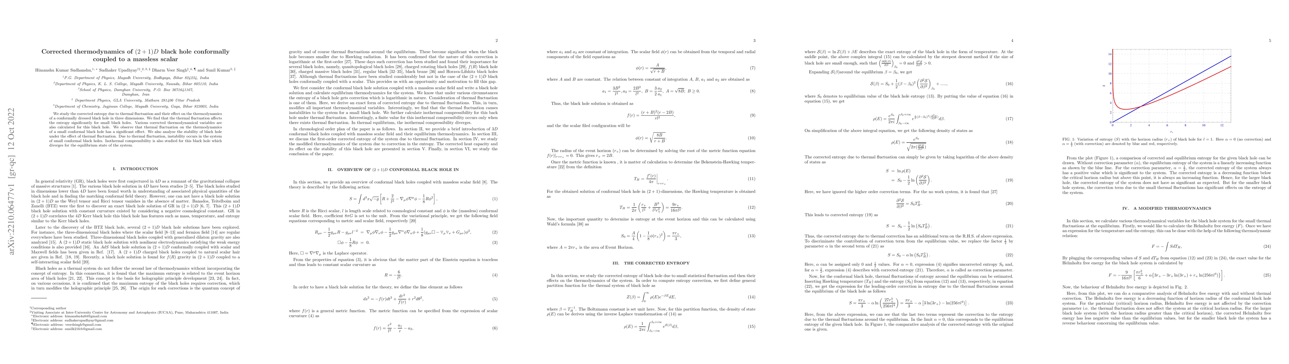 Thumbnail for Corrected thermodynamics of $(2+1)D$ black hole conformally coupled to a
  massless scalar