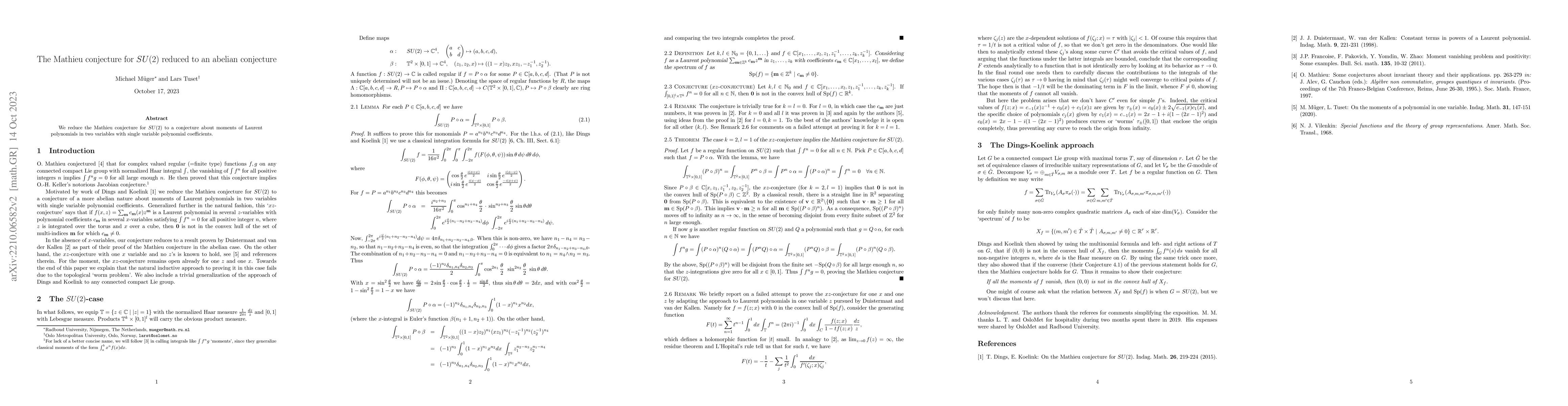 Thumbnail for The Mathieu conjecture for $SU(2)$ reduced to an abelian conjecture