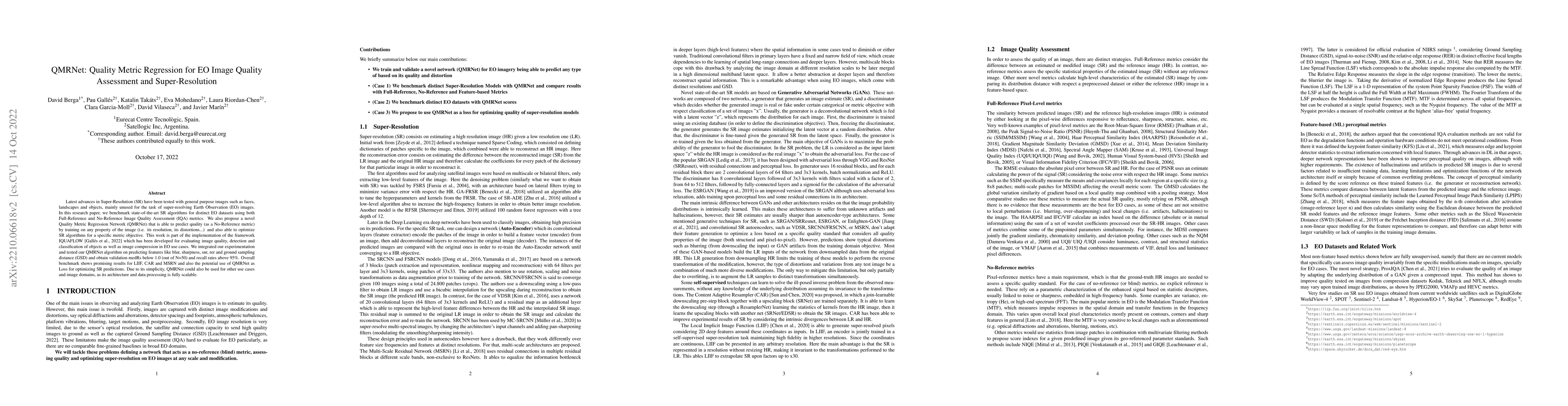 Thumbnail for QMRNet: Quality Metric Regression for EO Image Quality Assessment and
  Super-Resolution