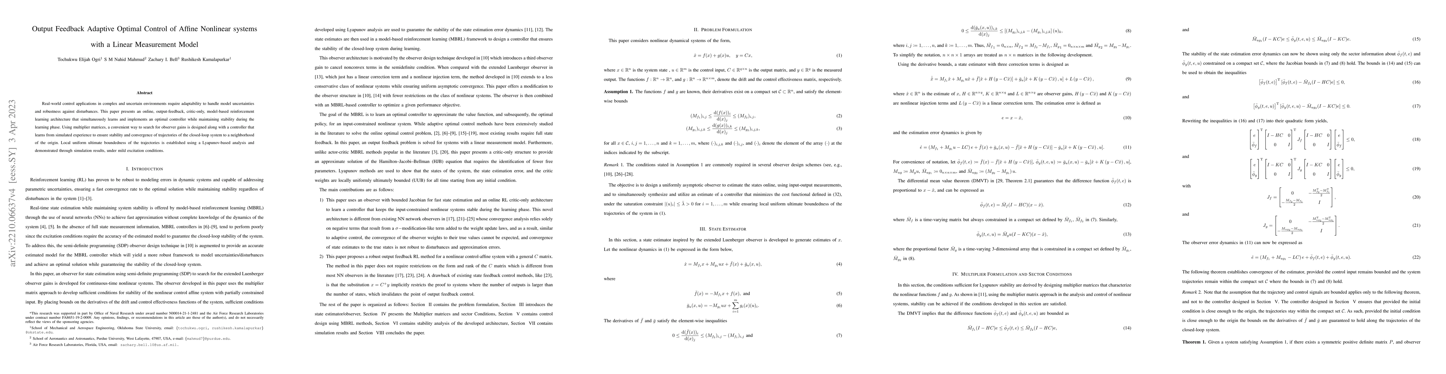 Thumbnail for Output Feedback Adaptive Optimal Control of Affine Nonlinear systems
  with a Linear Measurement Model