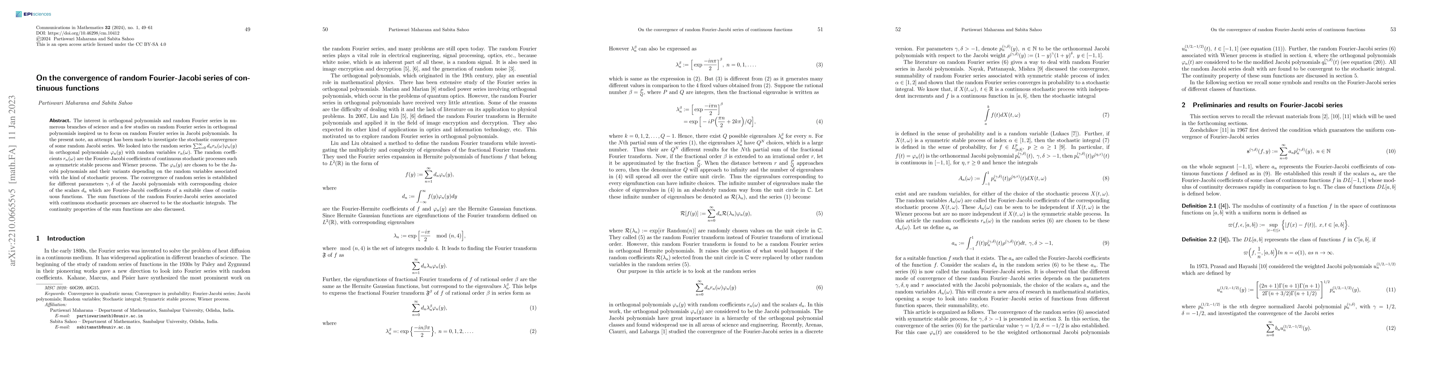 Thumbnail for On the Convergence of Random Fourier-Jacobi Series of Continuous
  functions