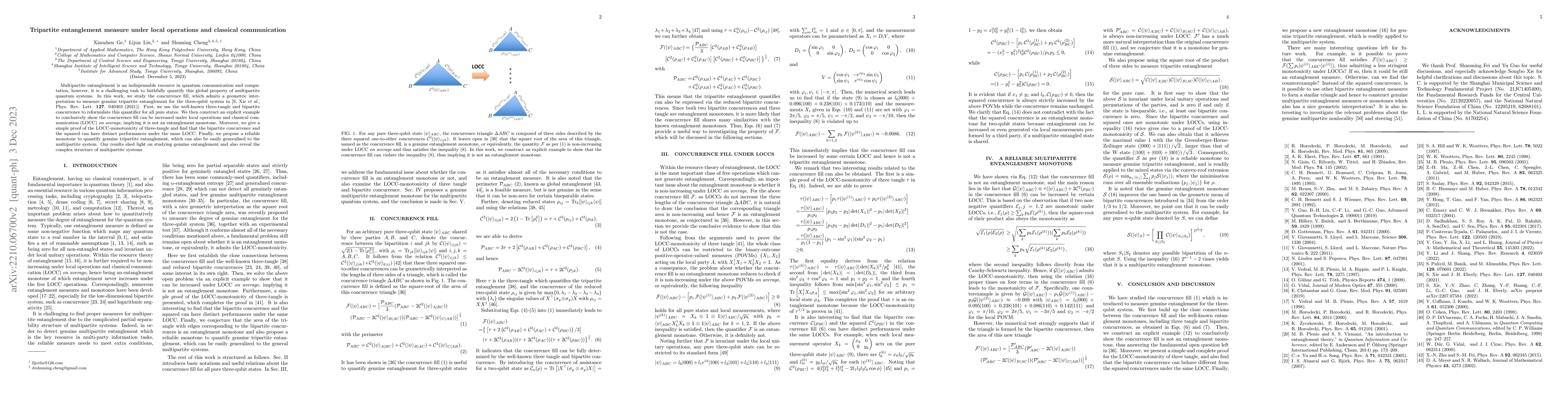 Thumbnail for Tripartite entanglement measure under local operations and classical
  communication