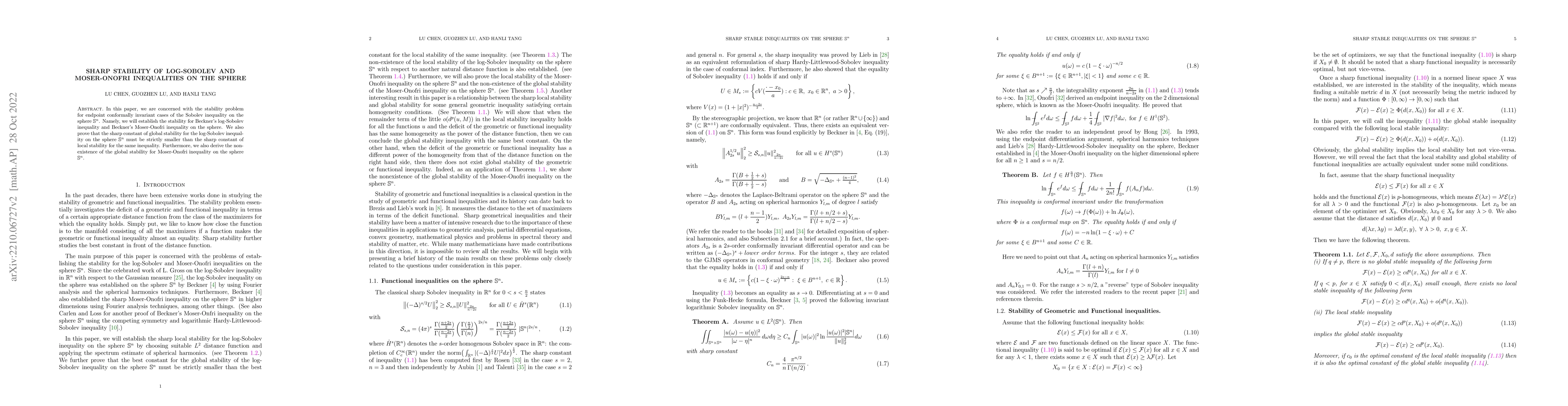 Thumbnail for Sharp Stability of Log-Sobolev and Moser-Onofri inequalities on the
  Sphere