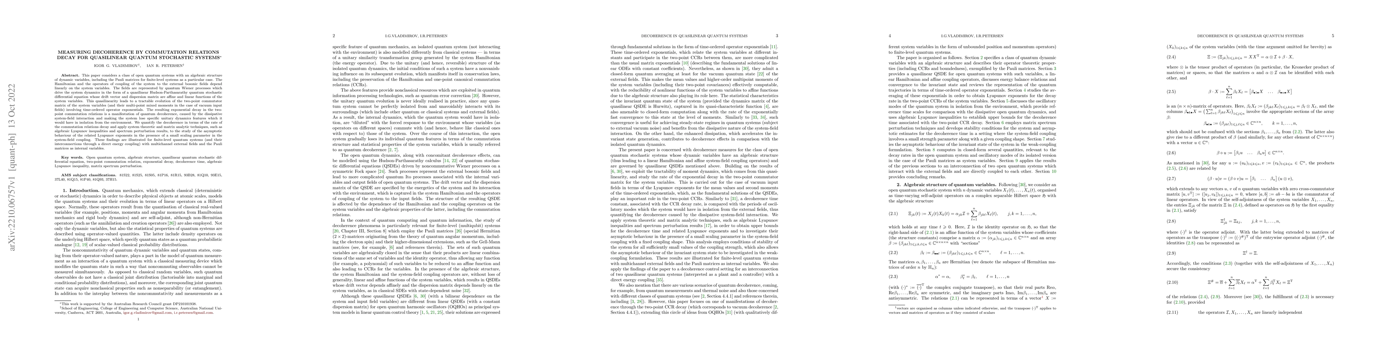 Thumbnail for Measuring decoherence by commutation relations decay for quasilinear
  quantum stochastic systems