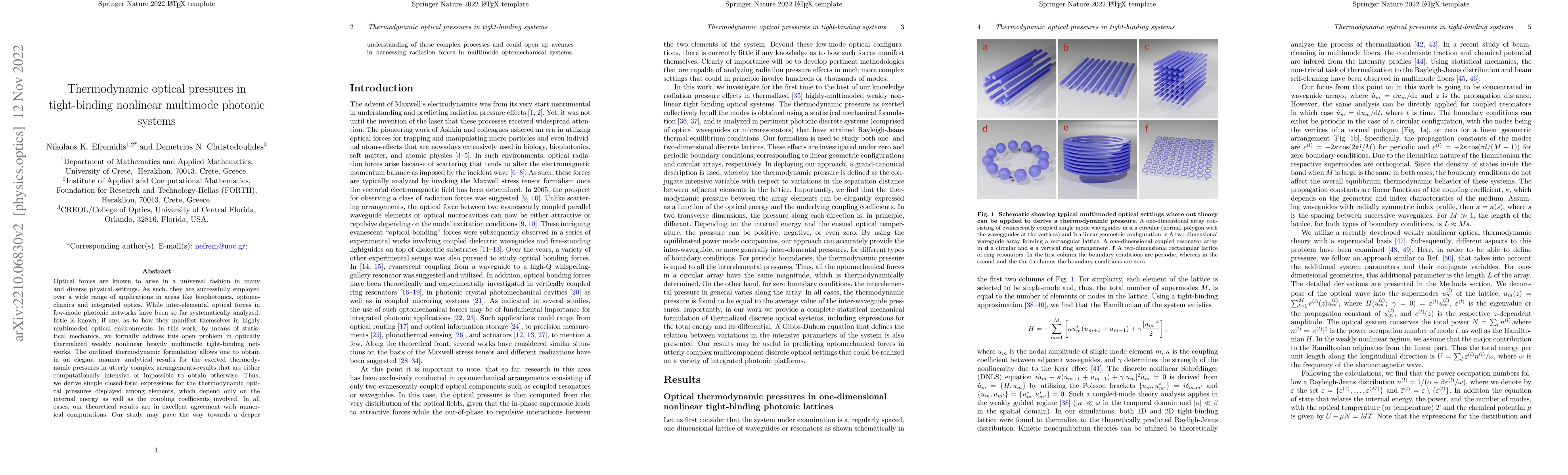 Thumbnail for Thermodynamic optical pressures in tight-binding nonlinear multimode
  photonic systems