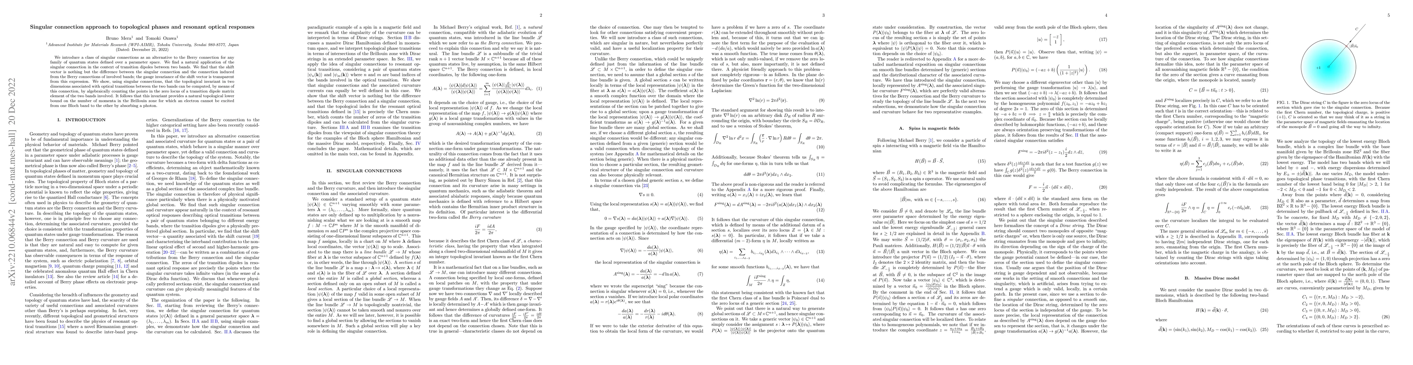 Thumbnail for Singular connection approach to topological phases and resonant optical
  responses