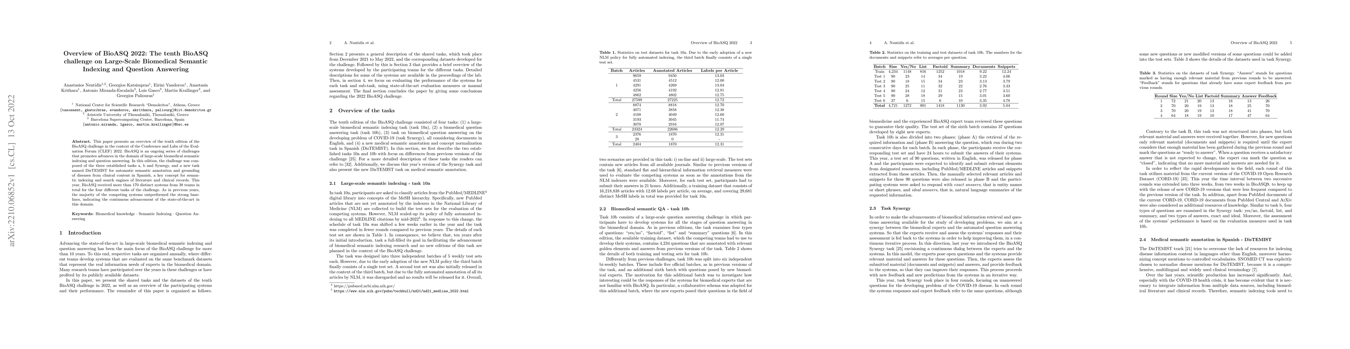 Thumbnail for Overview of BioASQ 2022: The tenth BioASQ challenge on Large-Scale
  Biomedical Semantic Indexing and Question Answering