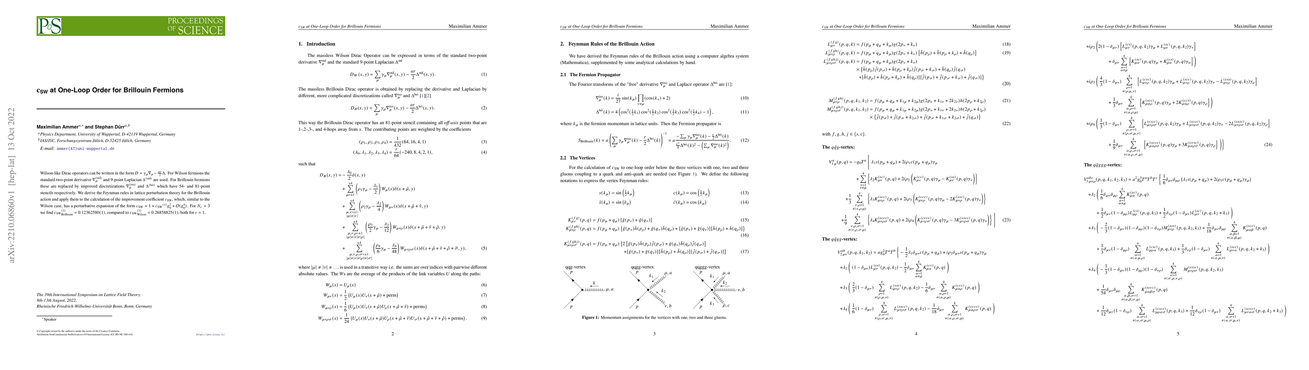 Thumbnail for $\mathbf{c_\textbf{SW}}$ at One-Loop Order for Brillouin Fermions