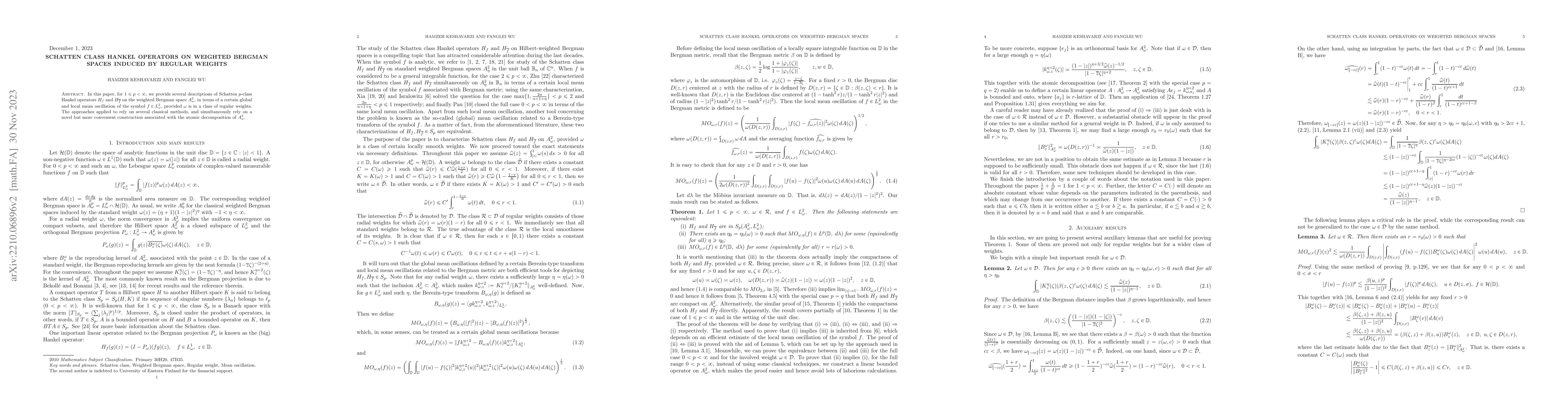 Thumbnail for Schatten Class Hankel Operators on Weighted Bergman Spaces induced by
  regular weights