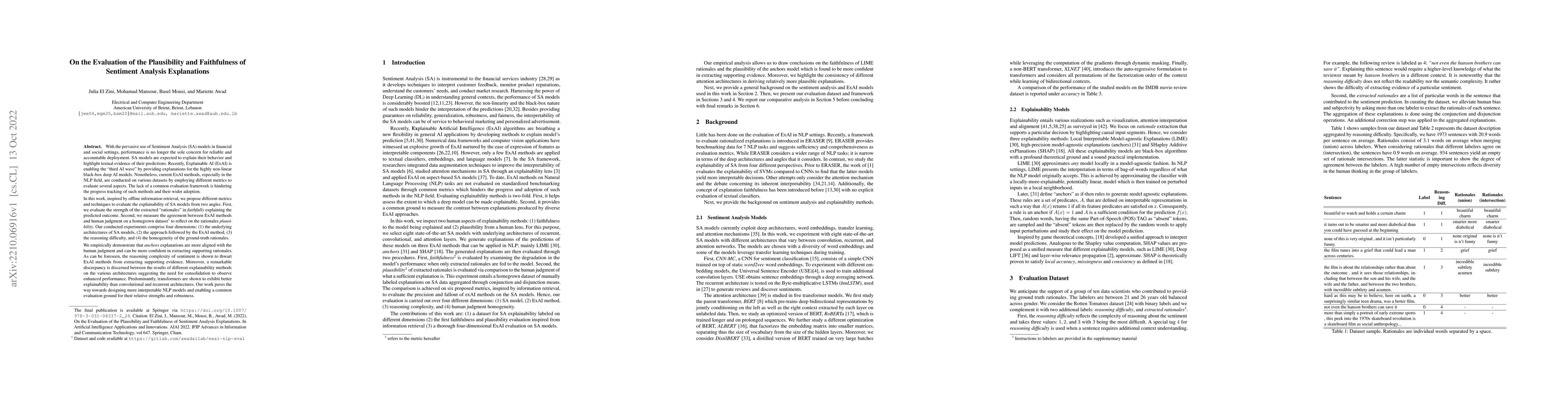 Thumbnail for On the Evaluation of the Plausibility and Faithfulness of Sentiment
  Analysis Explanations