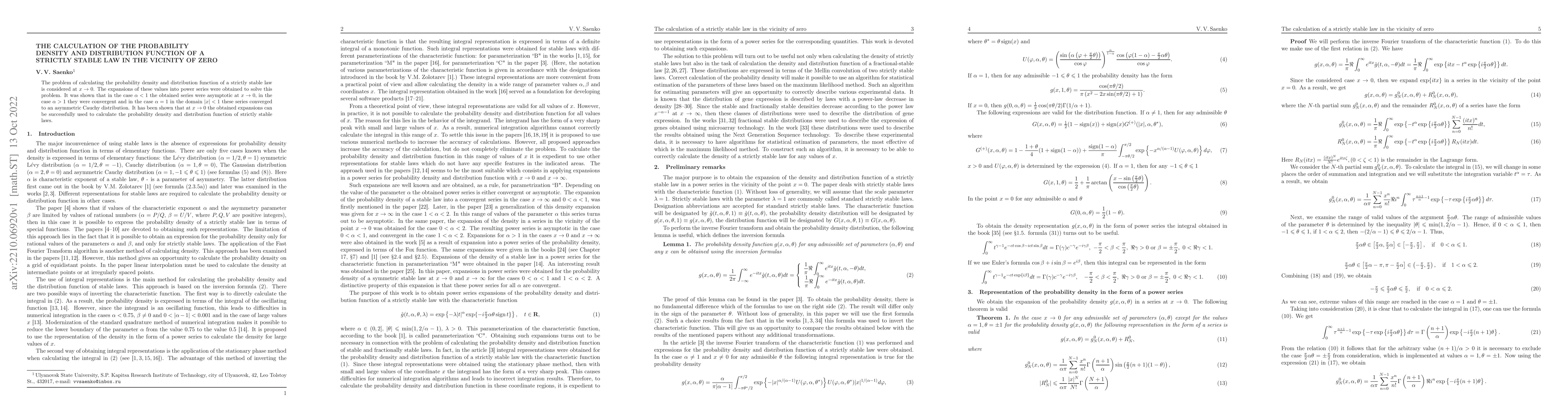 Thumbnail for The calculation of the probability density and distribution function of
  a strictly stable law in the vicinity of zero