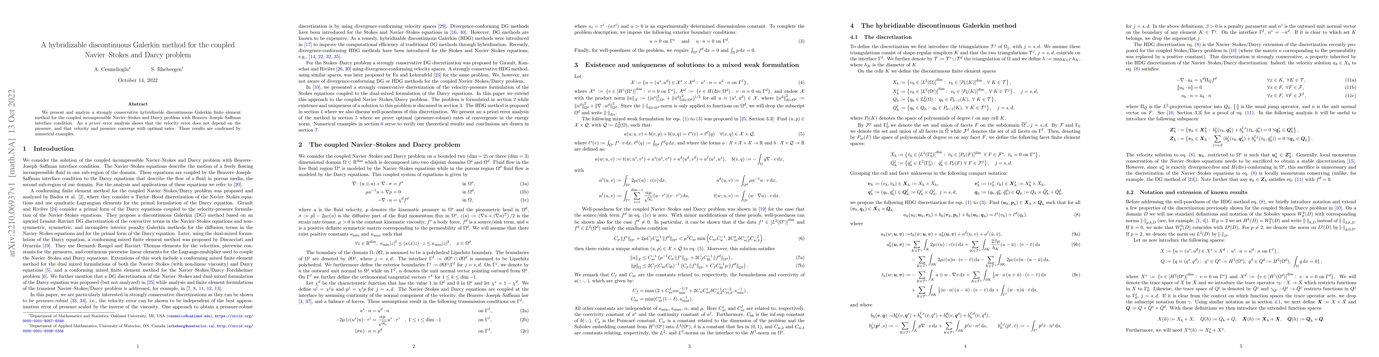 Thumbnail for A hybridizable discontinuous Galerkin method for the coupled
  Navier-Stokes and Darcy problem