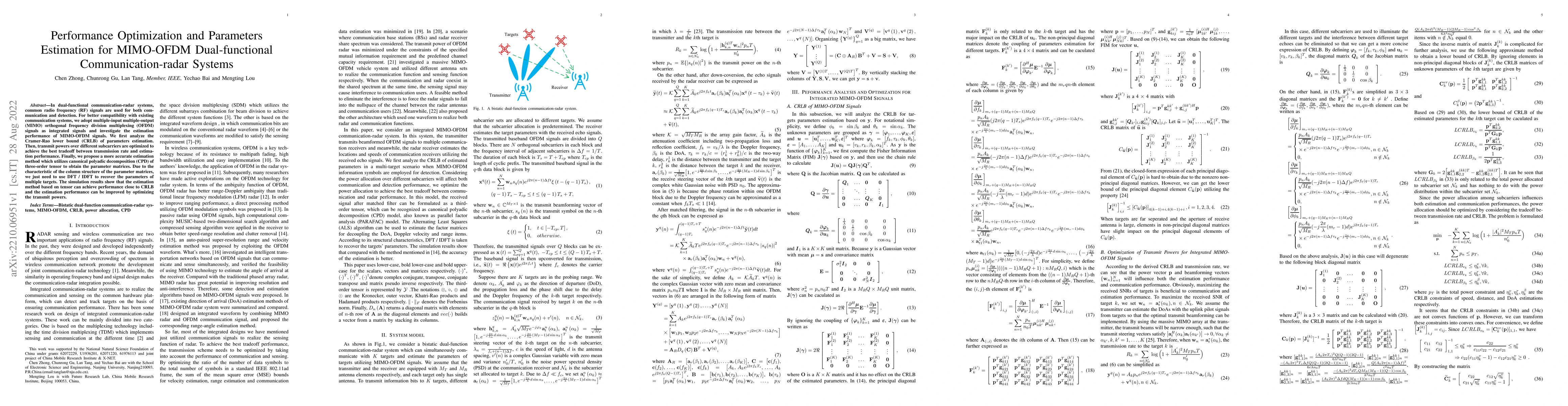 Thumbnail for Performance Optimization and Parameters Estimation for MIMO-OFDM
  Dual-functional Communication-radar Systems