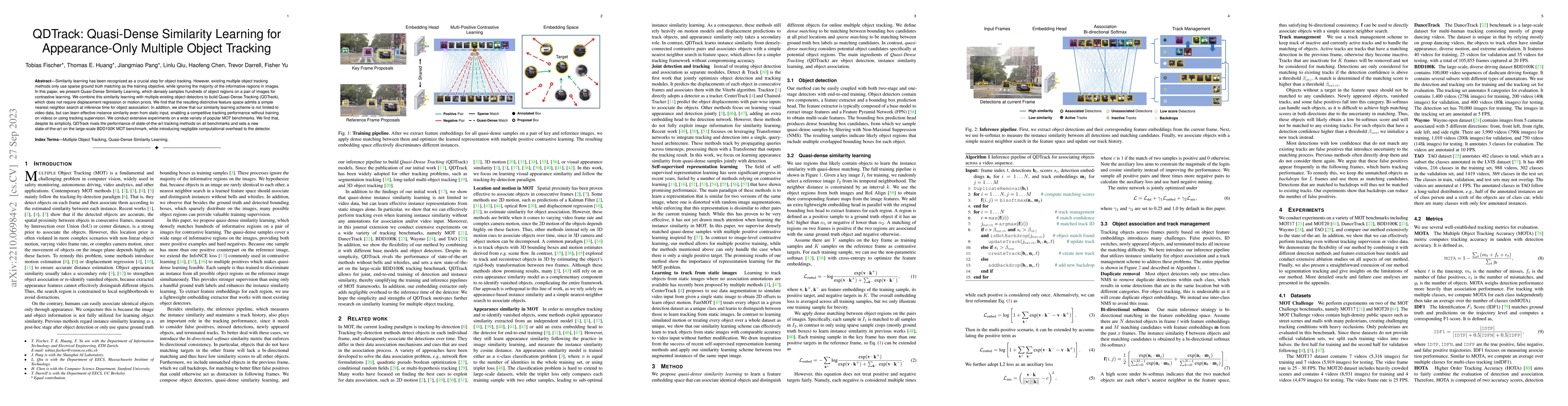Thumbnail for QDTrack: Quasi-Dense Similarity Learning for Appearance-Only Multiple
  Object Tracking