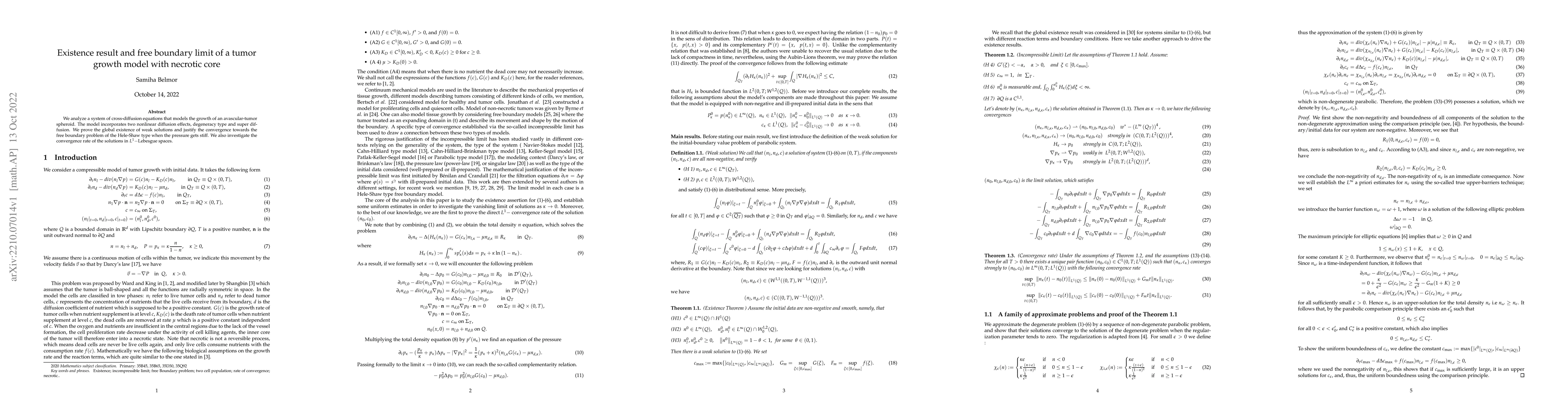Thumbnail for Existence result and free boundary limit of a tumor growth model with
  necrotic core