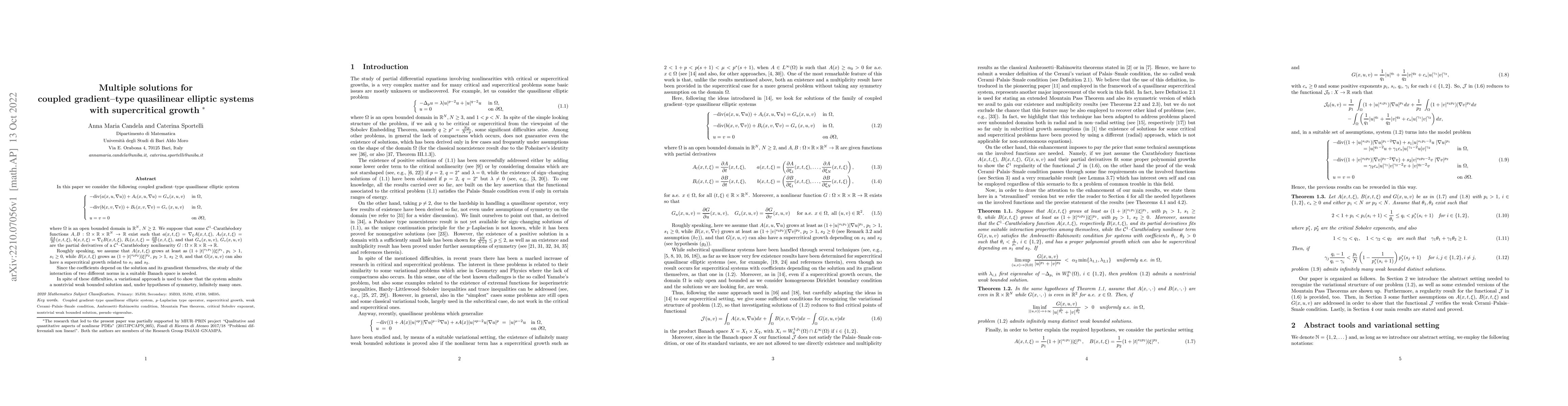 Thumbnail for Multiple solutions for coupled gradient-type quasilinear elliptic
  systems with supercritical growth