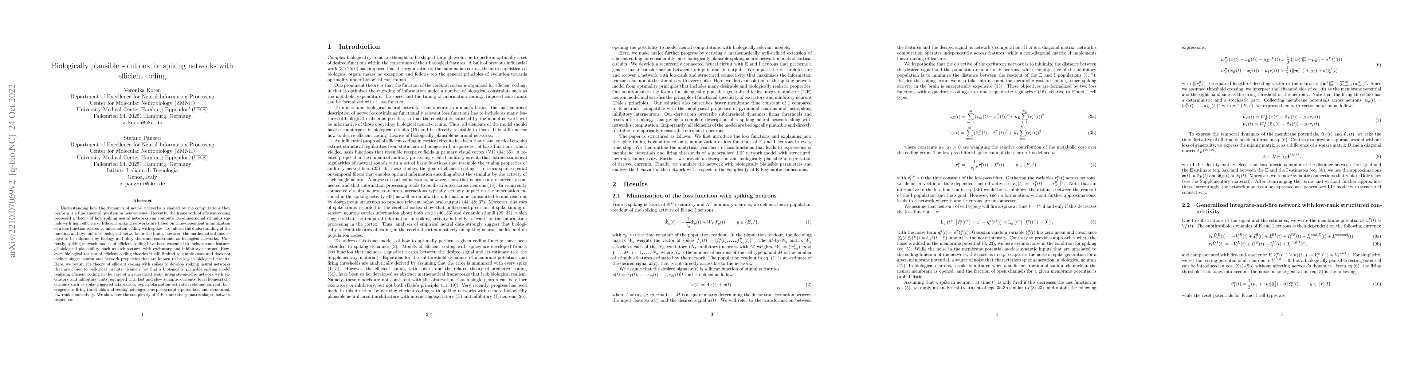 Thumbnail for Biologically plausible solutions for spiking networks with efficient
  coding