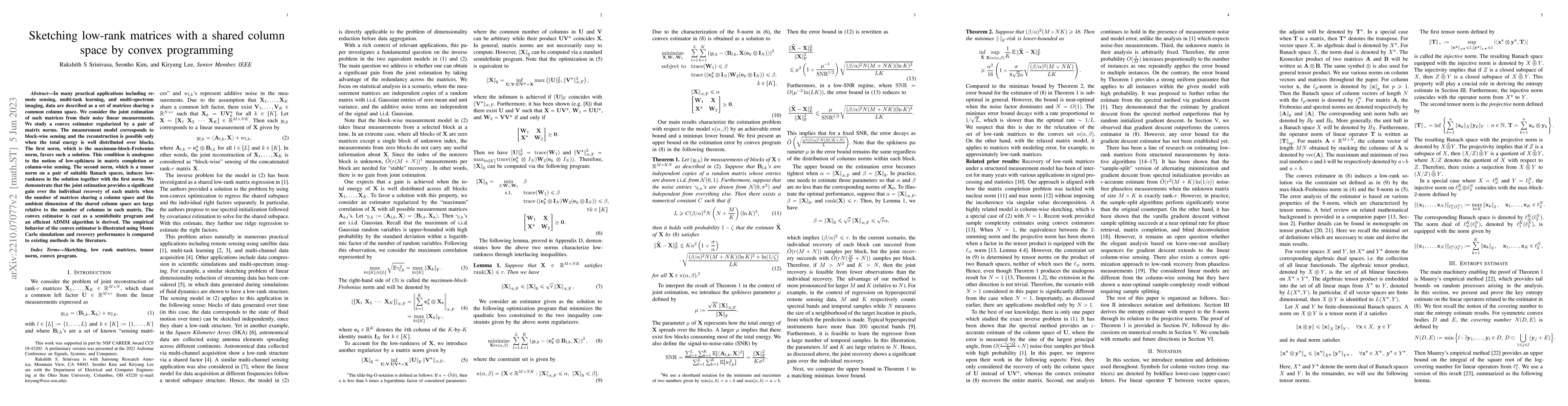 Thumbnail for Sketching low-rank matrices with a shared column space by convex
  programming