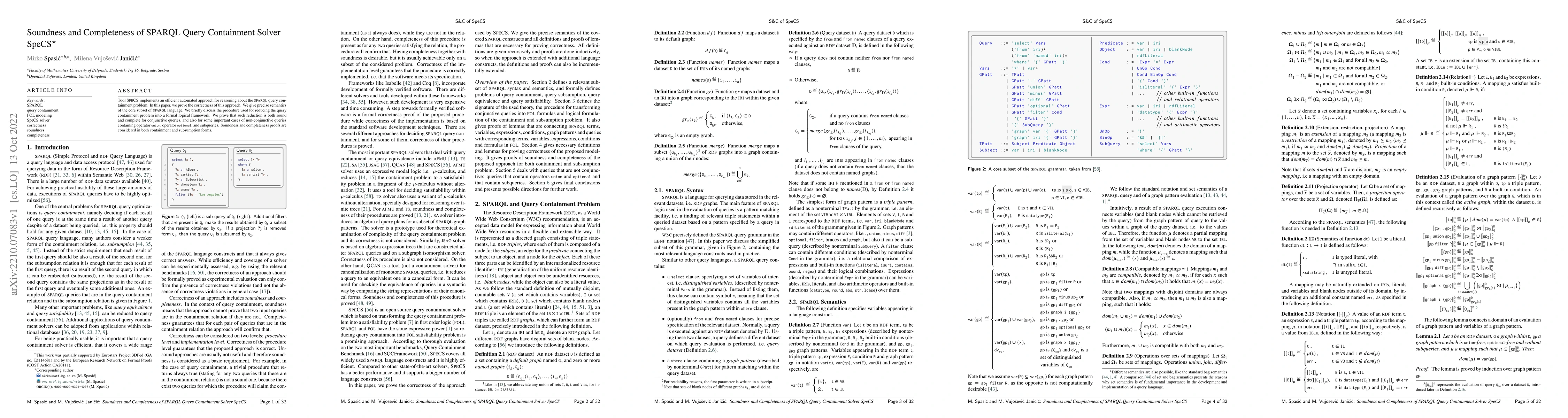 Thumbnail for Soundness and Completeness of SPARQL Query Containment Solver SpeCS