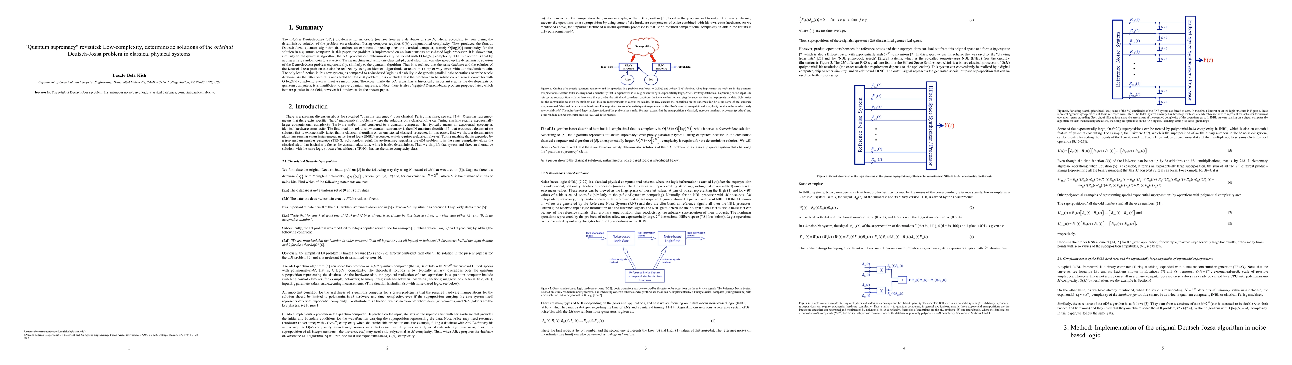 Thumbnail for "Quantum supremacy" revisited: Low-complexity, deterministic solutions
  of the original Deutsch-Jozsa problem in classical physical systems
