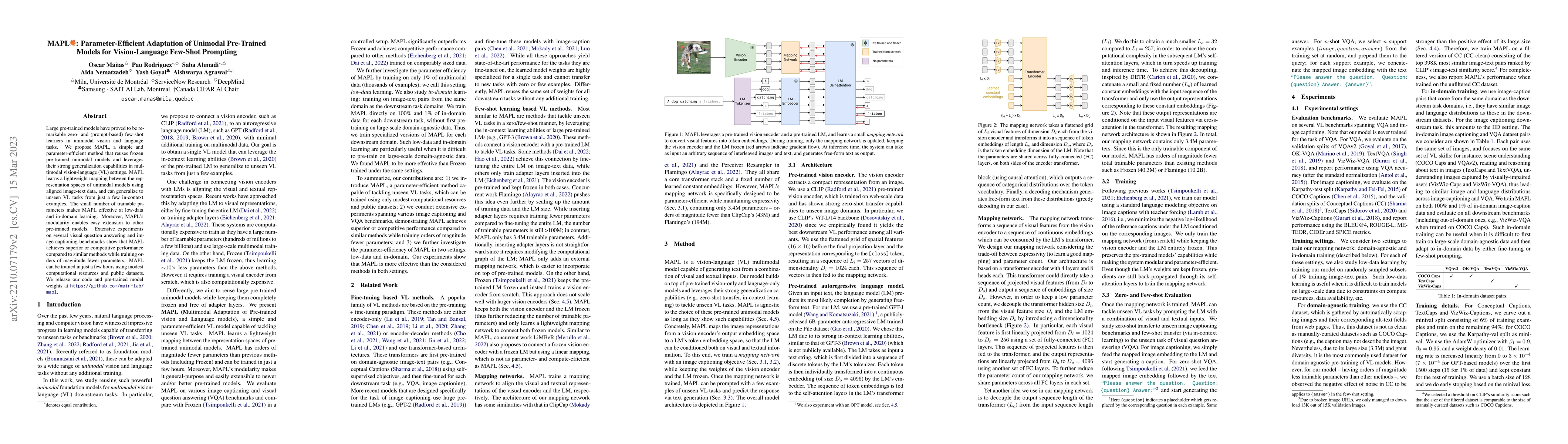 Thumbnail for MAPL: Parameter-Efficient Adaptation of Unimodal Pre-Trained Models for
  Vision-Language Few-Shot Prompting