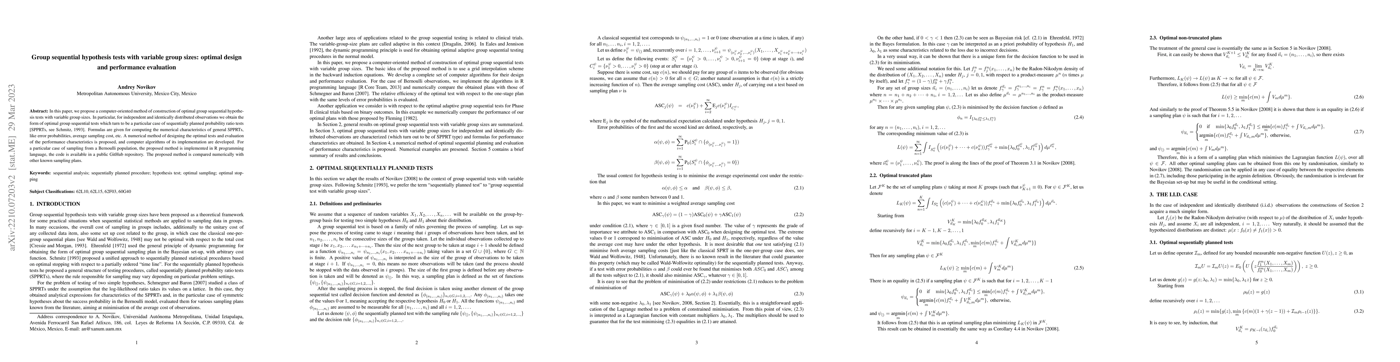 Thumbnail for Group sequential hypothesis tests with variable group sizes: optimal
  design and performance evaluation