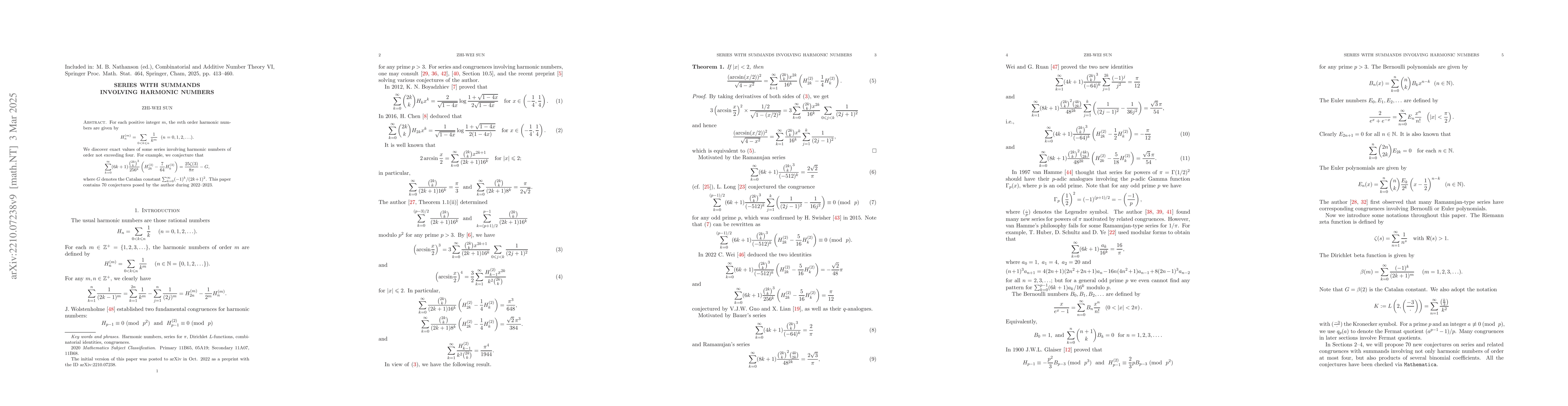 Thumbnail for Series with summands involving harmonic numbers
