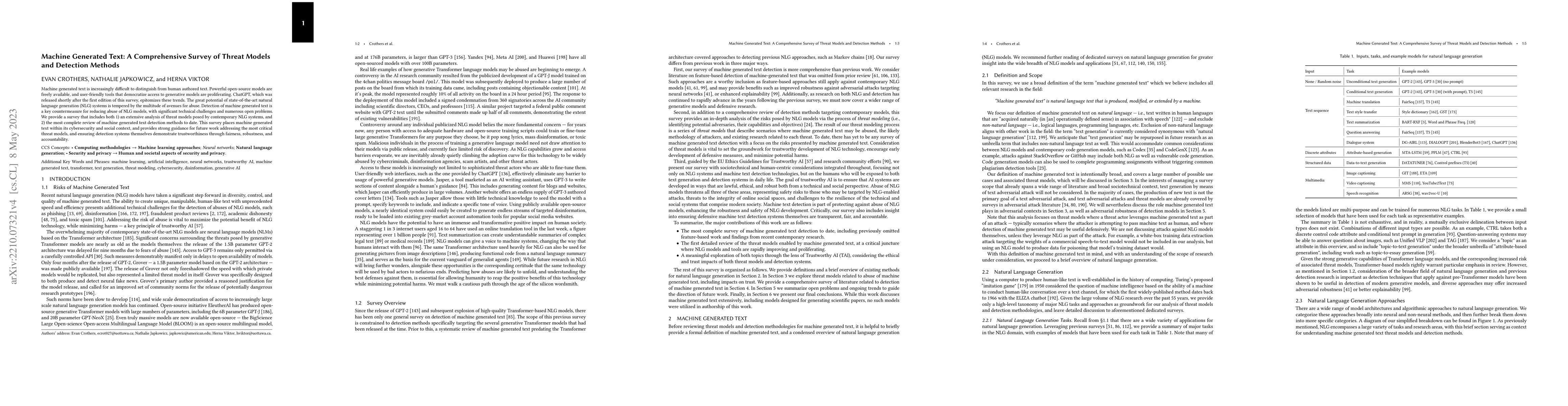 Thumbnail for Machine Generated Text: A Comprehensive Survey of Threat Models and
  Detection Methods