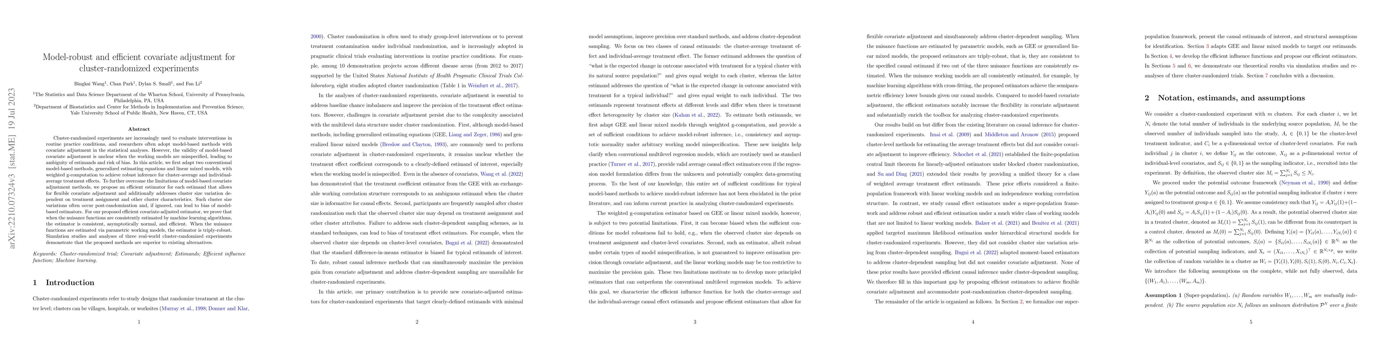 Thumbnail for Model-robust and efficient covariate adjustment for cluster-randomized
  experiments