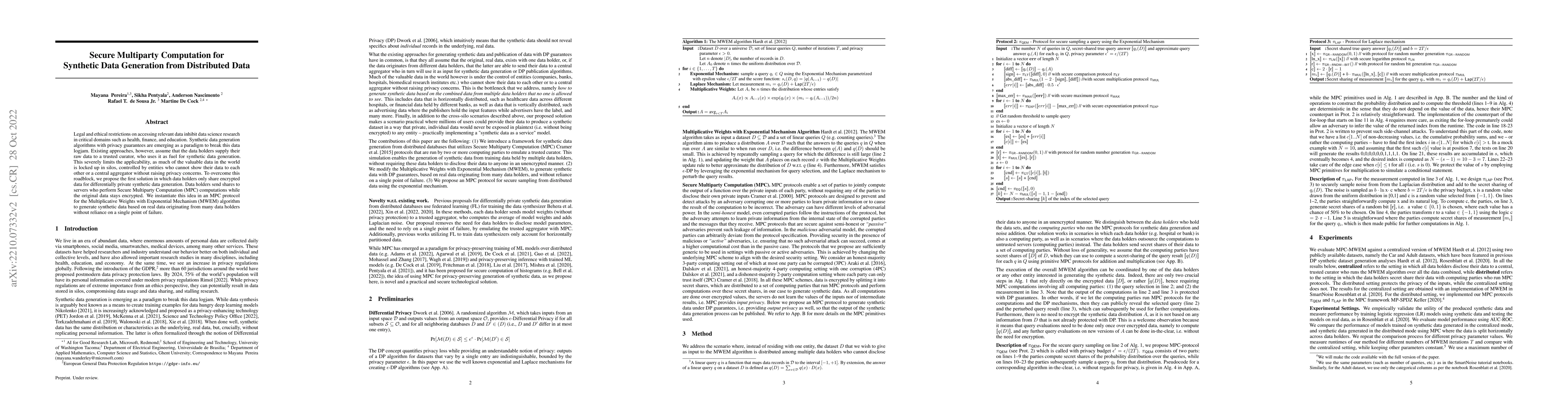Thumbnail for Secure Multiparty Computation for Synthetic Data Generation from
  Distributed Data