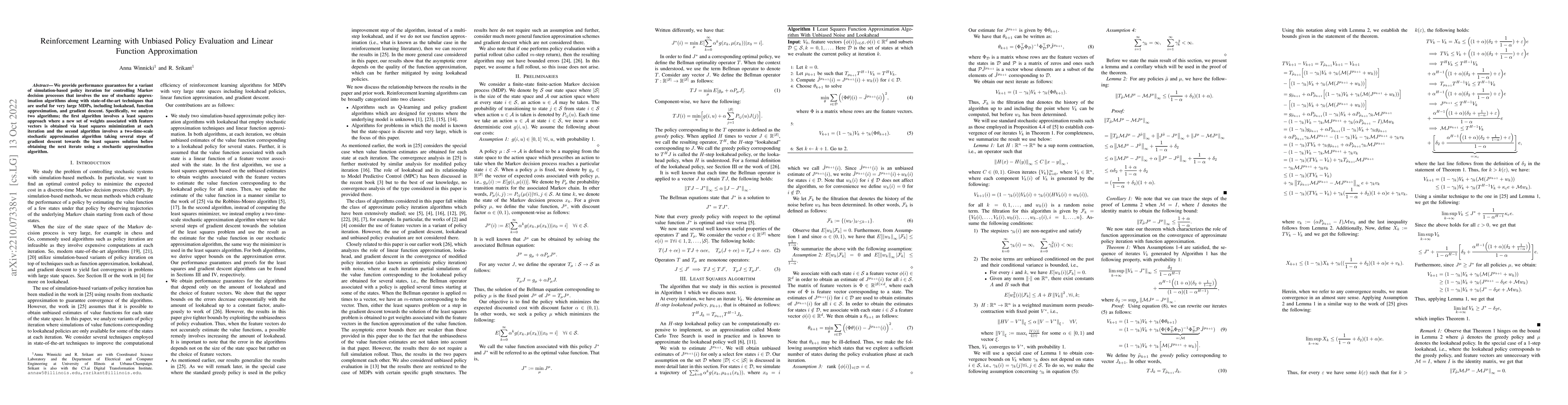 Thumbnail for Reinforcement Learning with Unbiased Policy Evaluation and Linear
  Function Approximation