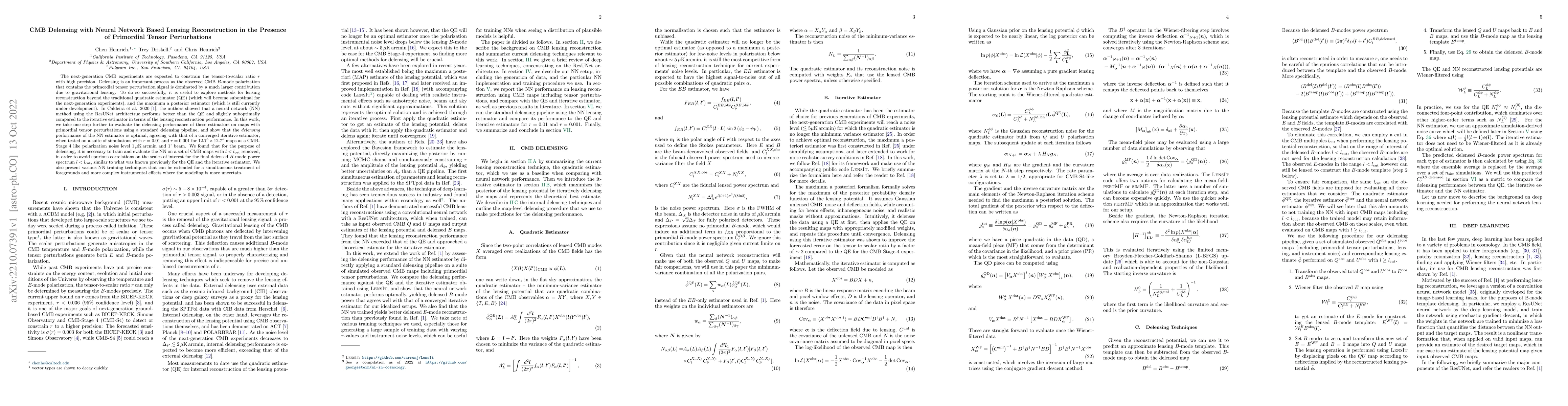 Thumbnail for CMB Delensing with Neural Network Based Lensing Reconstruction in the
  Presence of Primordial Tensor Perturbations