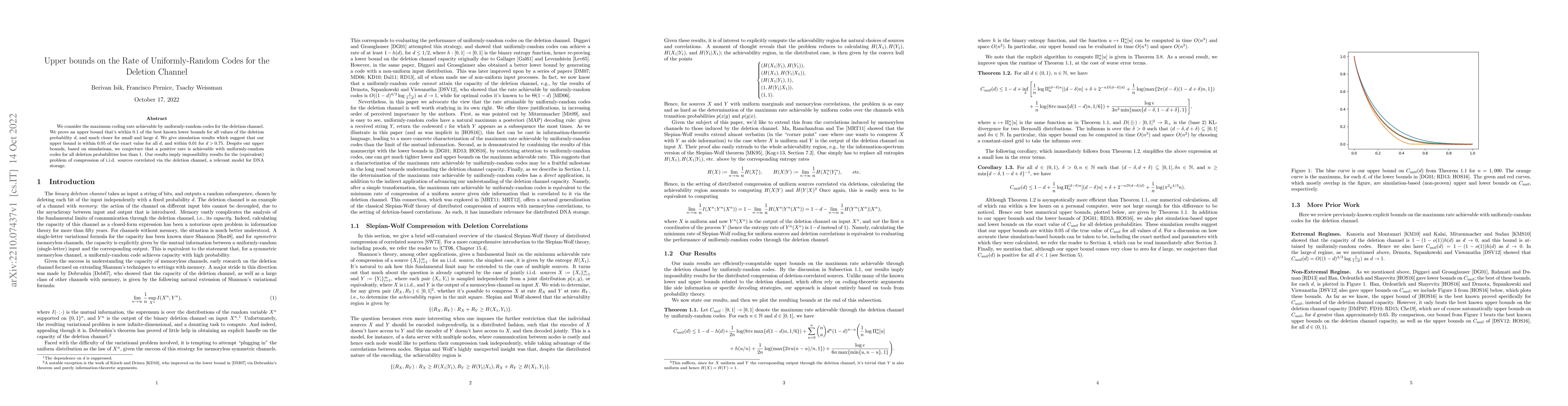 Thumbnail for Upper bounds on the Rate of Uniformly-Random Codes for the Deletion
  Channel