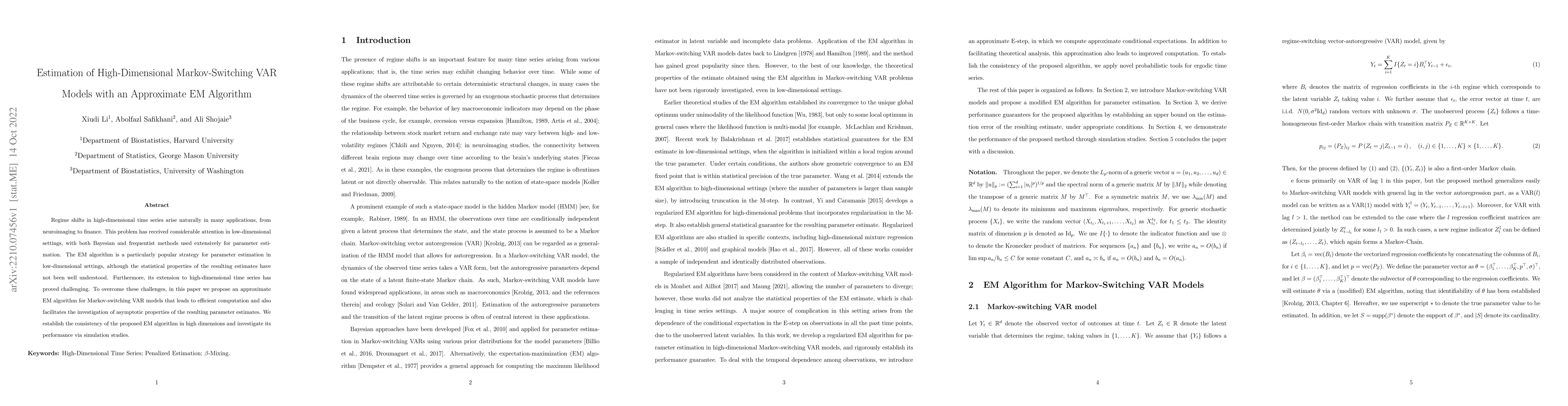 Thumbnail for Estimation of High-Dimensional Markov-Switching VAR Models with an
  Approximate EM Algorithm