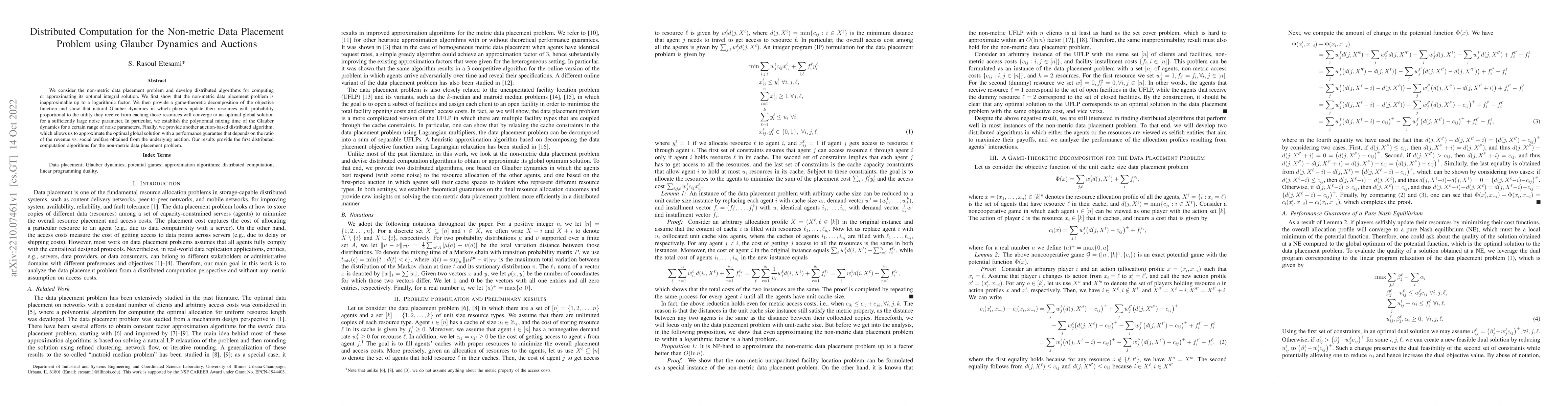 Thumbnail for Distributed Computation for the Non-metric Data Placement Problem using
  Glauber Dynamics and Auctions
