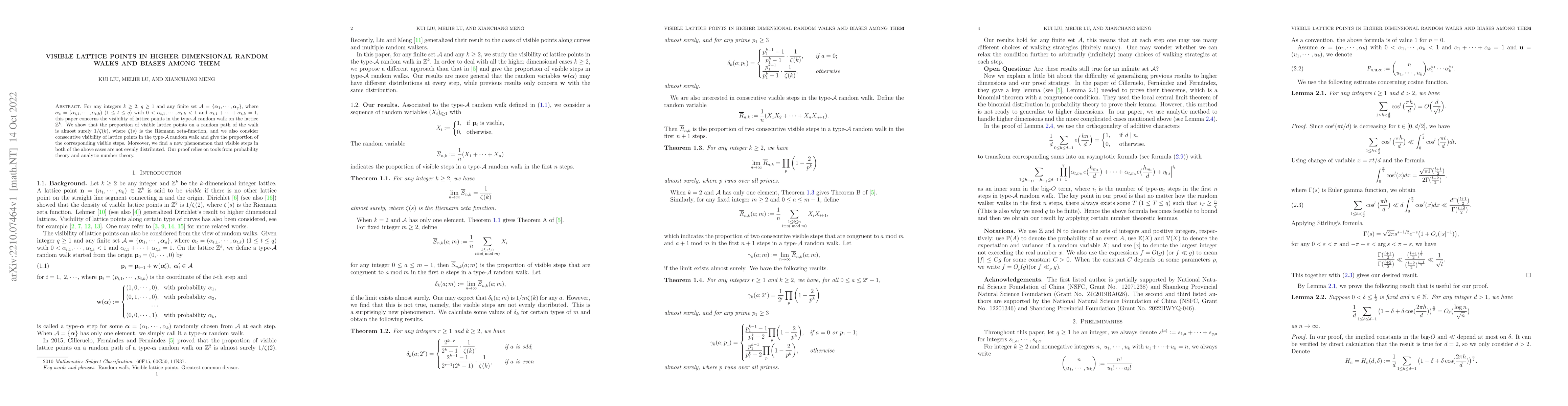 Thumbnail for Visible lattice points in higher dimensional random walks and biases
  among them
