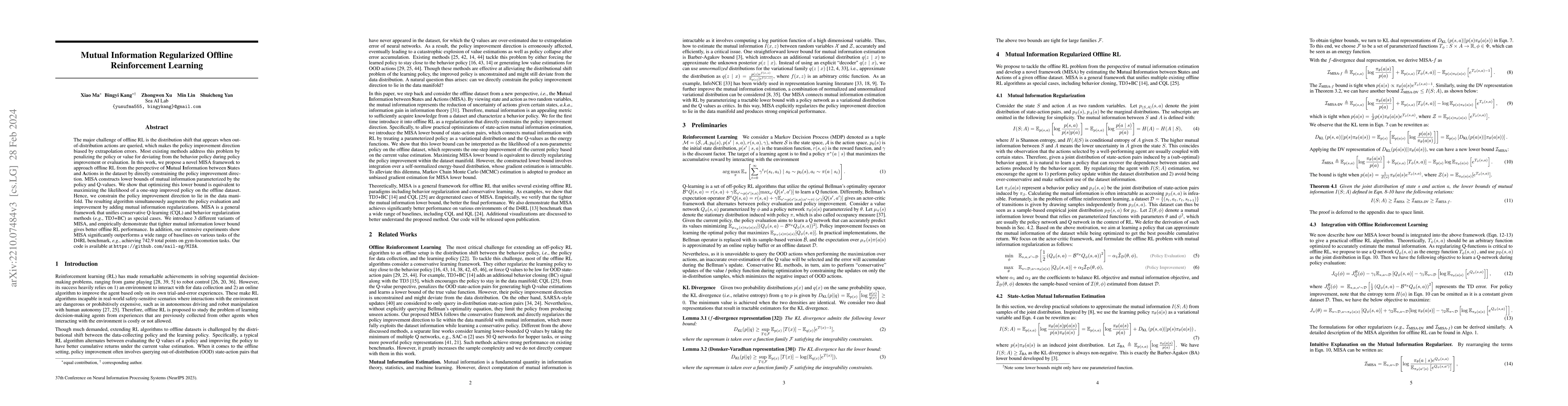 Thumbnail for Mutual Information Regularized Offline Reinforcement Learning