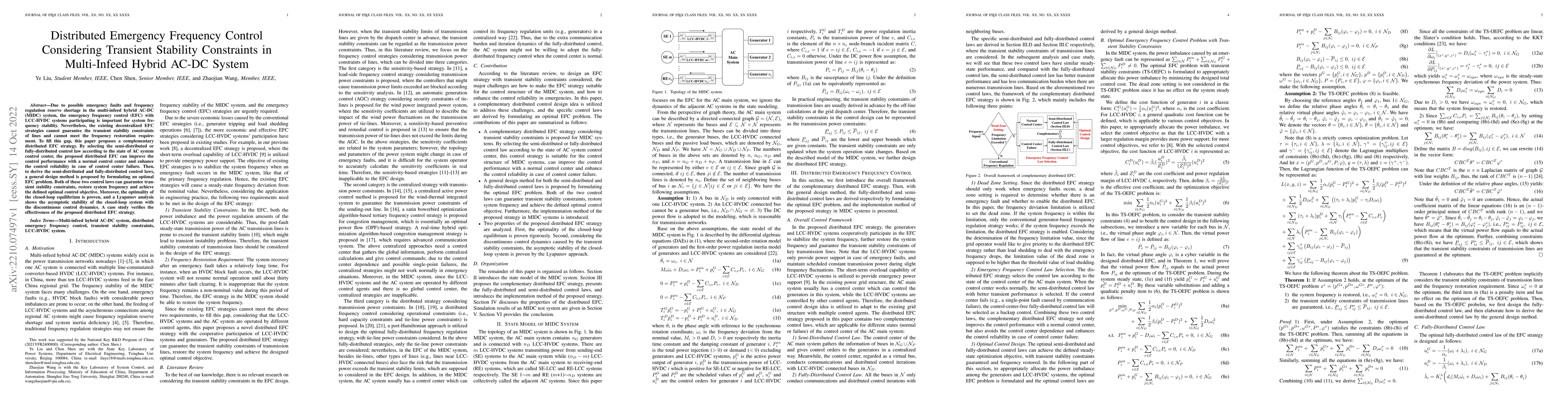 Thumbnail for Distributed Emergency Frequency Control Considering Transient Stability
  Constraints in Multi-Infeed Hybrid AC-DC System