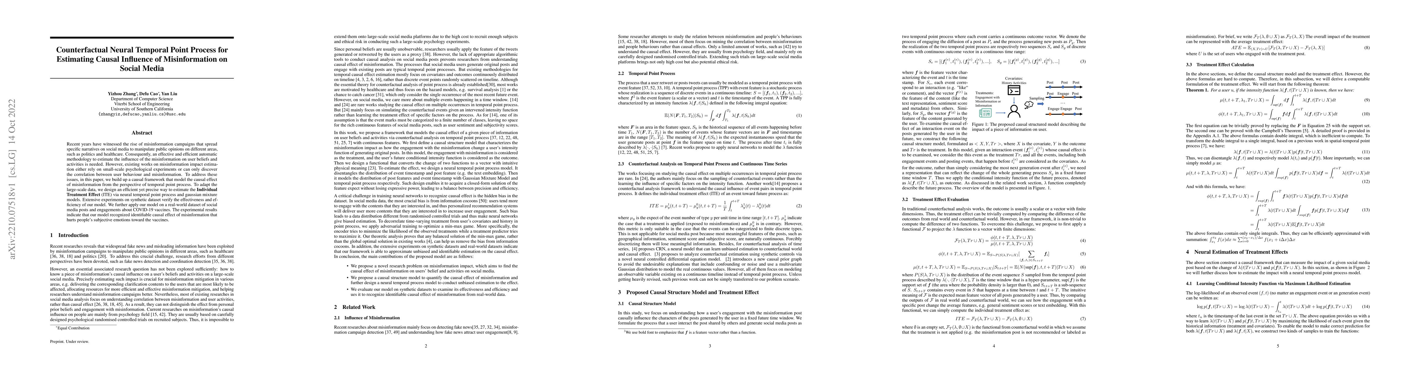 Thumbnail for Counterfactual Neural Temporal Point Process for Estimating Causal
  Influence of Misinformation on Social Media