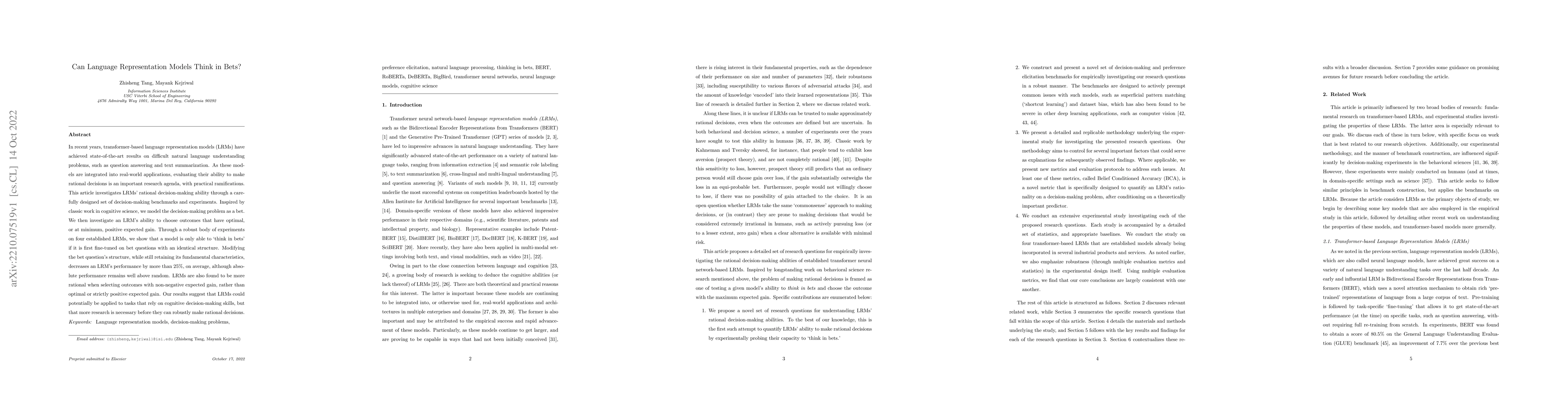 Thumbnail for Can Language Representation Models Think in Bets?