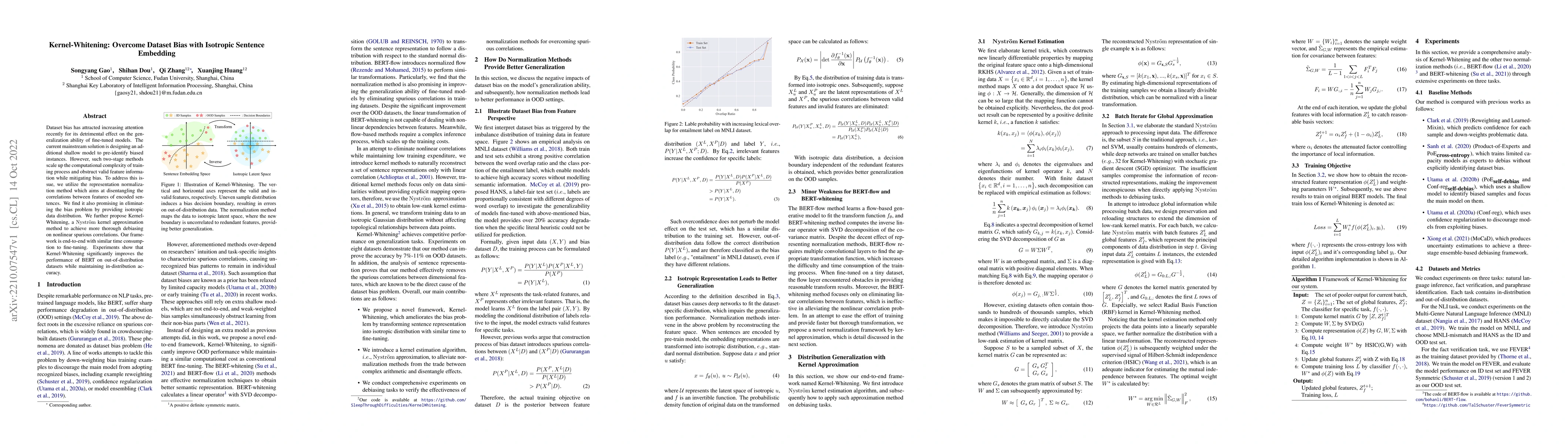 Thumbnail for Kernel-Whitening: Overcome Dataset Bias with Isotropic Sentence
  Embedding
