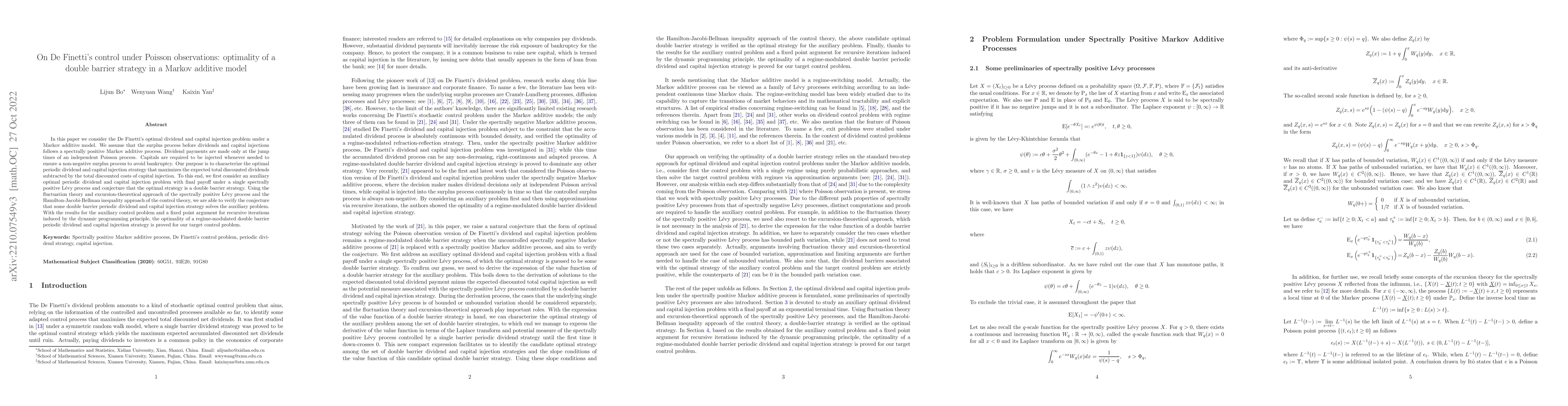 Thumbnail for On De Finetti's control under Poisson observations: optimality of a
  double barrier strategy in a Markov additive model