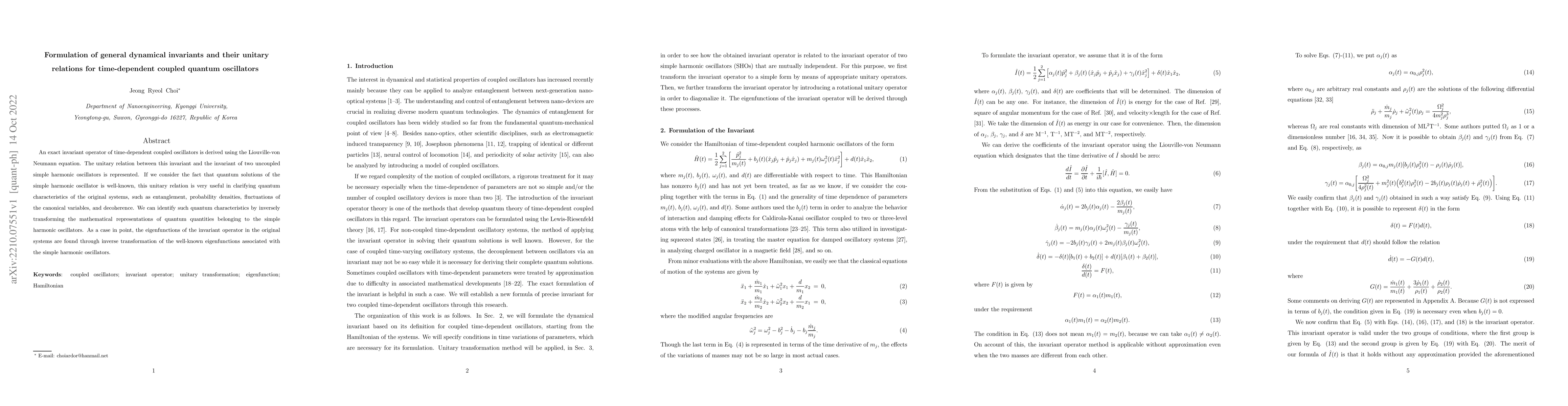 Thumbnail for Formulation of general dynamical invariants and their unitary relations
  for time-dependent coupled quantum oscillators