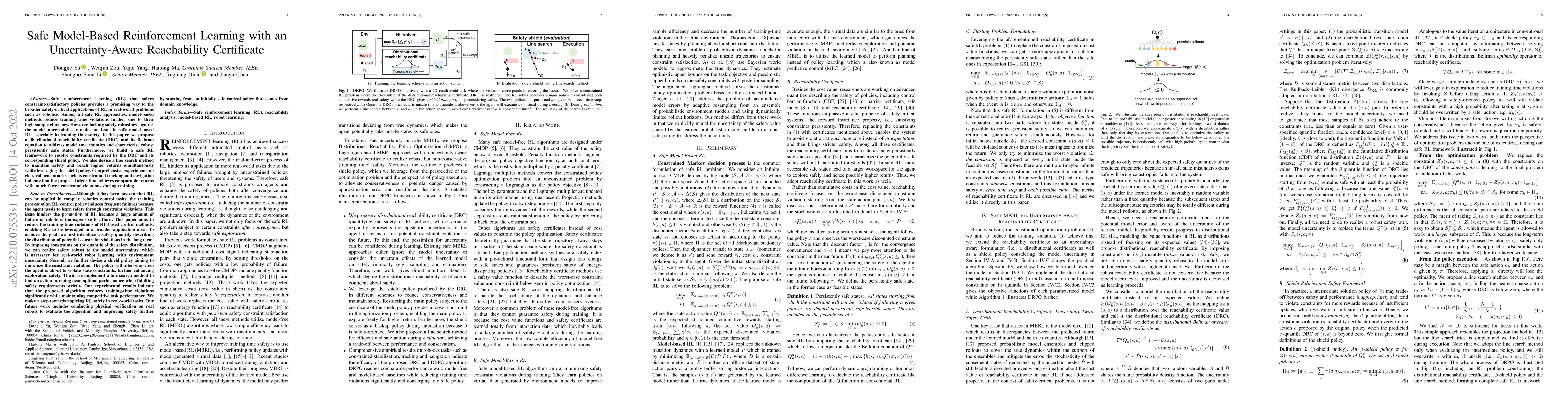 Thumbnail for Safe Model-Based Reinforcement Learning with an Uncertainty-Aware
  Reachability Certificate