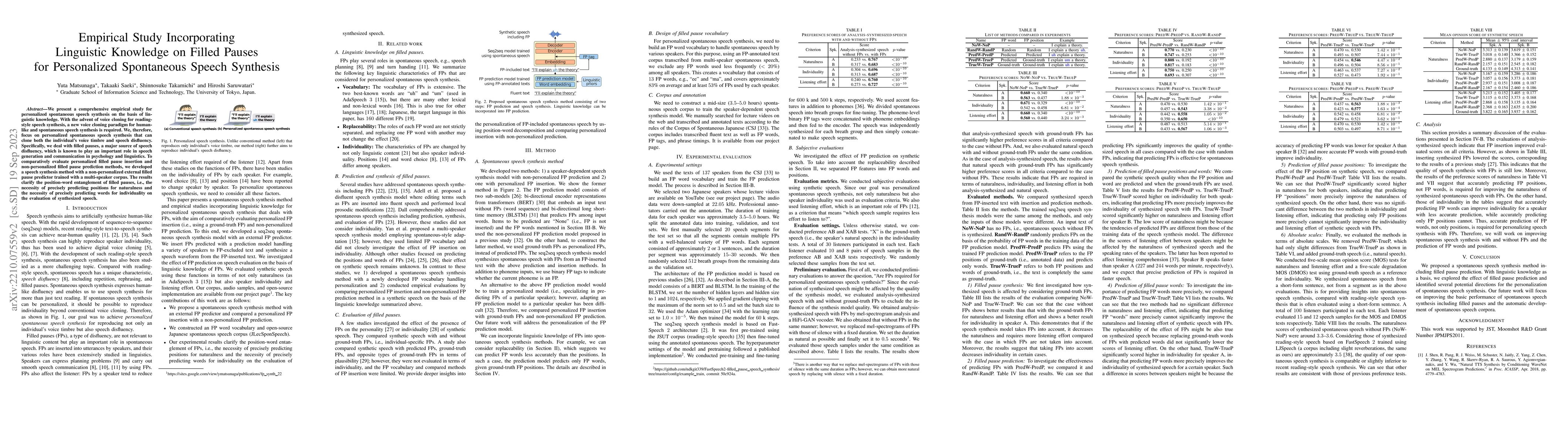 Thumbnail for Empirical Study Incorporating Linguistic Knowledge on Filled Pauses for
  Personalized Spontaneous Speech Synthesis