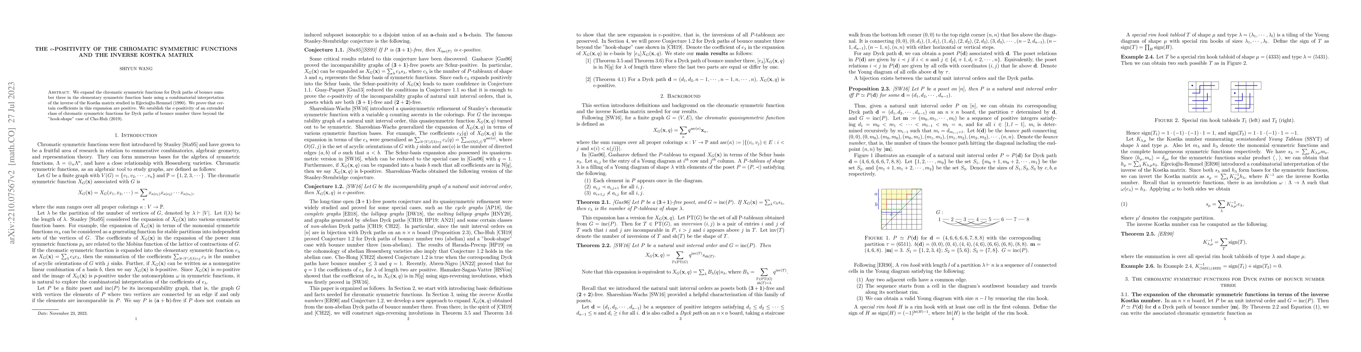 Thumbnail for The $e$-positivity of the chromatic symmetric functions and the inverse
  Kostka matrix